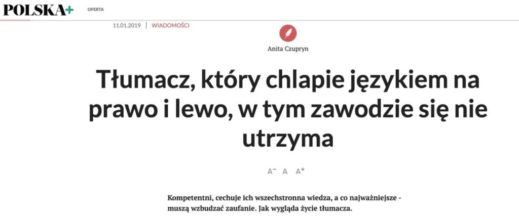 Polska+ article header with author Anita Czupryn, date 11.01.2019, and a large Polish headline about a translator.